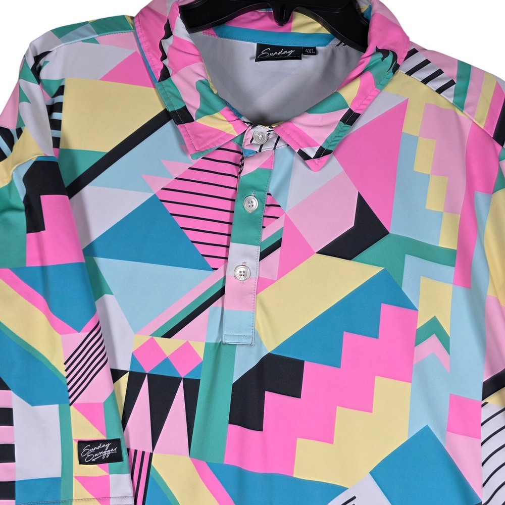 Sunday Swagger Polo Shirt Men 4XL Multicolor Geometric 90s Retro Golf Performanc